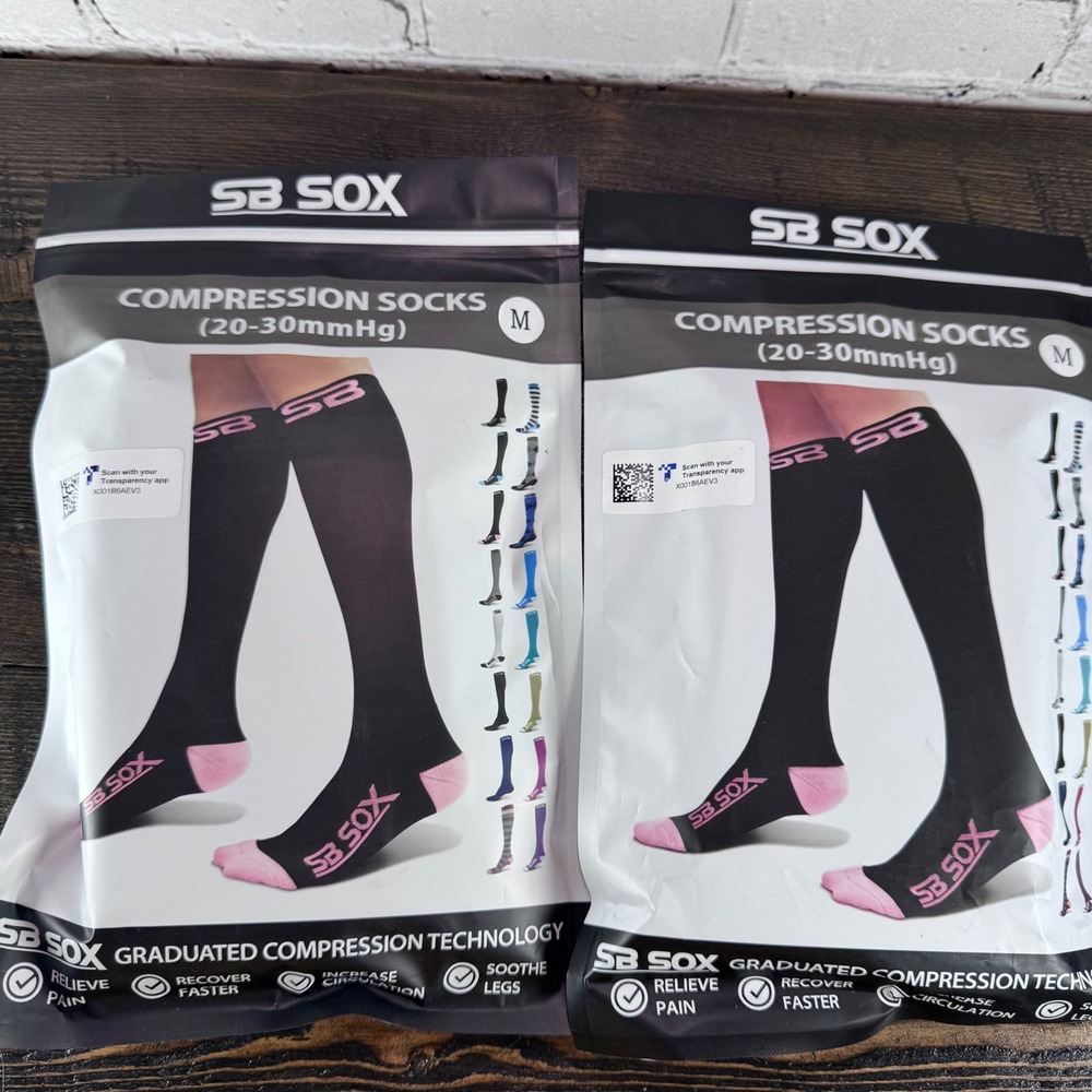 SB SOX Compression Socks Unisex Medium Black Pink New 20-30mmHg 2 Pairs